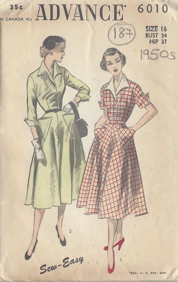 1950s Vintage Sewing Pattern B34" DRESS (187)  - Image 1 of 1