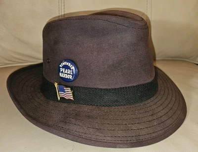 Vintage Mid Century Cotton Brown Denim Fedora Hat Made in USA Size L Large - Image 1 of 4
