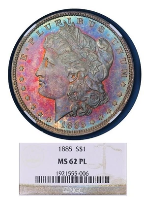 Dólar de plata Morgan 1885 NGC MS 62 PL tonificado Prooflike tonificación color Foto 1 de 3