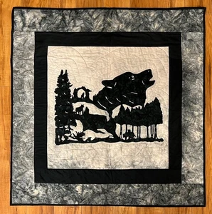 Handmade Batik Quilted Wolf Applique Wall Hanging 35"W X 35.75"L - Picture 1 of 6