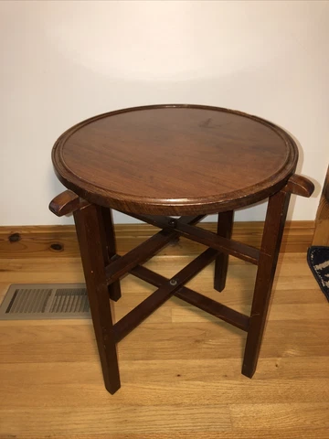 1930s Haitian Mahogany Round Serving Tray Folding Table 21.5” Wood Serving Stand Cover
