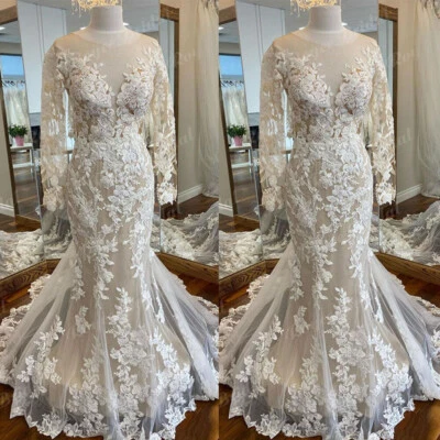 Champagne Beach Wedding Dresses Long Sleeves Lace Floral Mermaid Sweep Train - Image 1 of 4