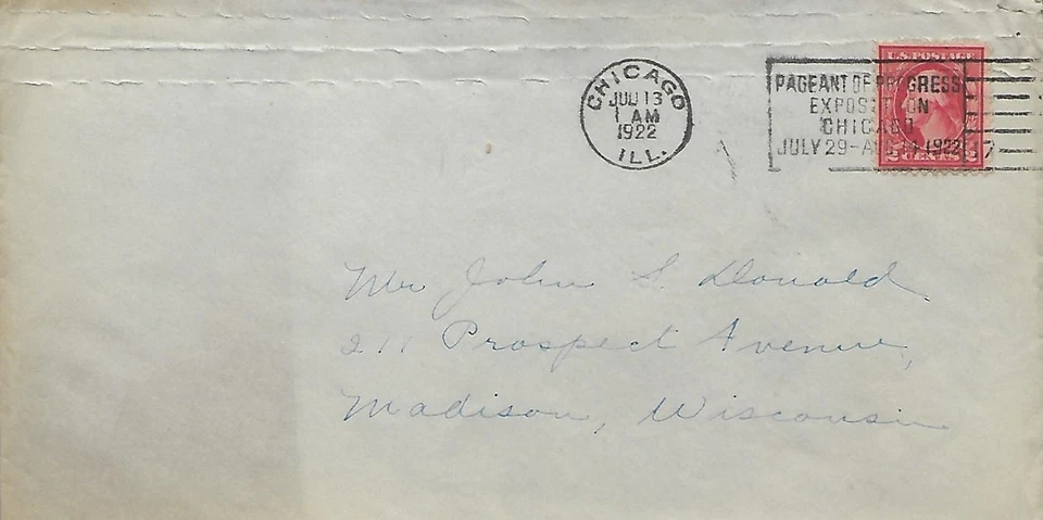 USA 1922 COVER SLOGAN CANCEL " PAGEANT OF PROGRESS EXPOSITION CHICAGO JULY 29 - Image 1 of 1