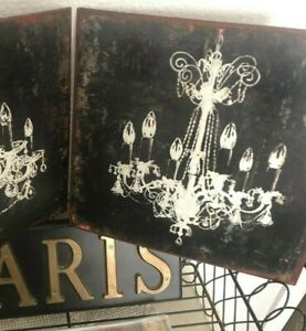 CREATIVE CO-OP Black Tin WALL Plaque CHANDELIER 12" SQ Rusty Cottage Chic SIGN b
