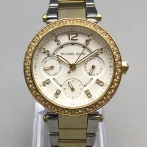 Michael Kors Parker Watch Women 33mm Silver Gold Tone Crystals New Battery 6.5" - Picture 1 of 15