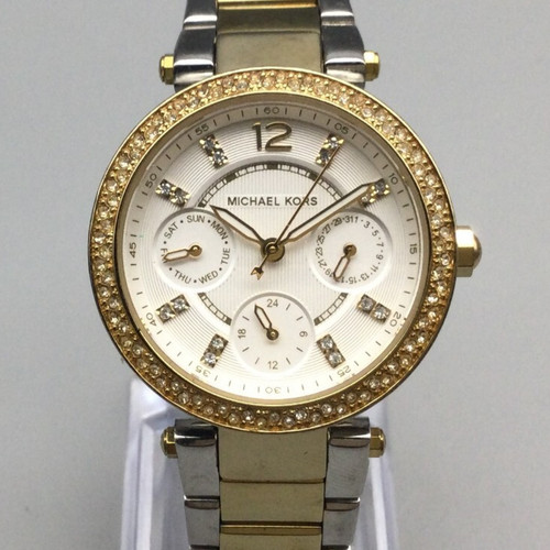 Orologio Michael Kors Parker Donna 33mm Argento Tono Oro Cristalli Nuova Batteria 6 5"