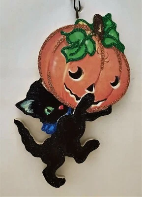 STROMBOLI'S WAGON BLACK CAT KITTEN Holding JOL PUMPKIN * Glitter HALLOWEEN ORNAMENT * Vtg Img