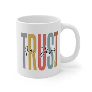 Christian Quote Mug Boho Minimalist Trust In Jesus Inspirational Gift Coffee Cup - Picture 1 of 6