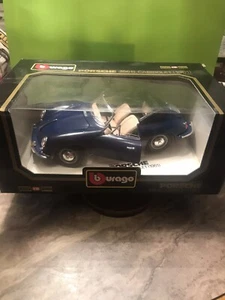 Nuovo con scatola - Burago scala 1/18 pressofuso 3051 Porsche 356B Cabriolet 1961 BLU/TAN Inter - Foto 1 di 10