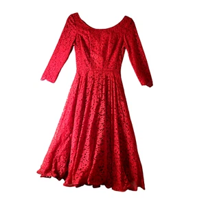 Vtg 50s/60s Red Lace Dress Sz S Full Skirt with Tulle Fit & Flare - Metal Zipper - Picture 1 of 5