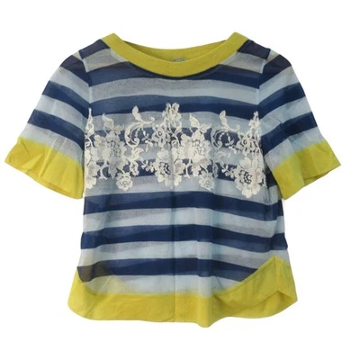 Ermanno Scervino Top EU 40 / UK 12 Blue Stripe Yellow Lace Flower - Preloved - Image 1 of 4