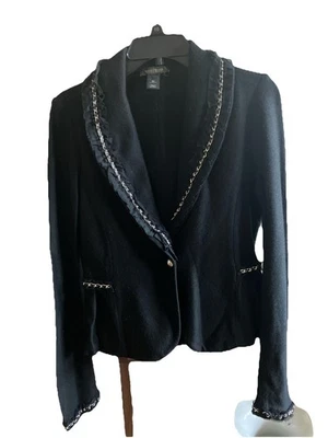Blazer Casa Blanca Mercado Negro Mezcla Lana Cadena Plateada Cuello Volantes Foto 1 de 4
