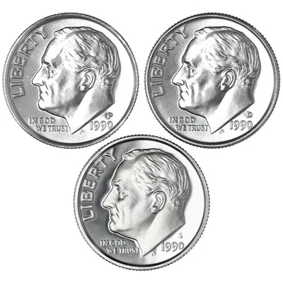 1990 P D S Roosevelt Dime Year Set Clad Proof & BU US 3 Coin Lot - Image 1 of 4