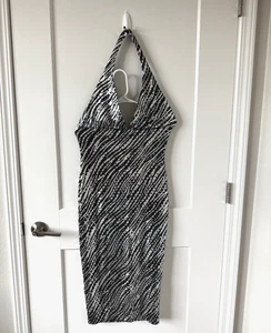 A3 Design Sequin Zebra Halter Bodycon Dress Black Silver Sparkle USA L Glam Vtg - Picture 1 of 11