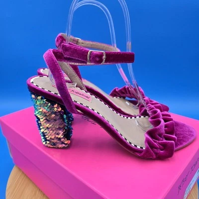 NEW Betsey Johnson 'ILIANA' Magenta Velvet Strappy Flip Sequin Block Heels 7.5 - Image 1 of 4