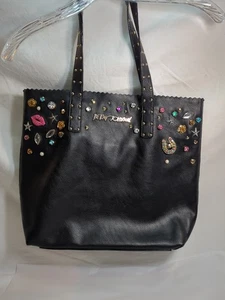 BETSEY JOHNSON BEJEWELED EMBELLISHED BLACK LEATHER TOTE WHIMSYGOTH MOBWIFE - Picture 1 of 24