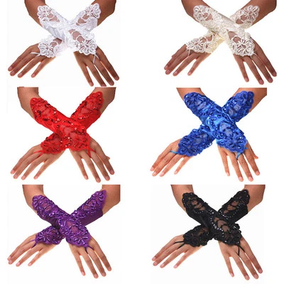Women Lady Bride Wedding Party Fingerless Lace Satin Bridal Gloves US STOCK - Image 1 of 4