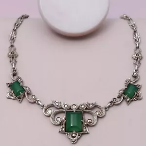 Vtg 1930s Art Deco Chrysoprase Sterling Silver Filigree Marcasite Necklace - Picture 1 of 7