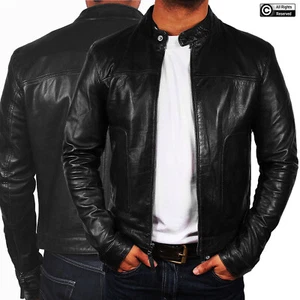 Mens Black Biker Motorcycle Fashion Vintage Cafe Racer Genuine Leather Jacket - Picture 1 of 10