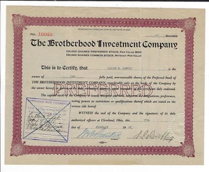 OHIO 1926 The Brotherhood Investment Co Stock Certificate Locomotive Engineers - Picture 1 of 2