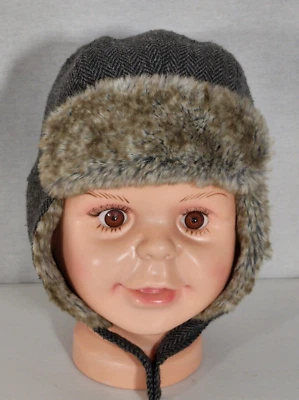 Antiguo sombrero azul marino para bebés con ribete de piel sintética forrado 18-24 meses cierre frontal orejeras Foto 1 de 4