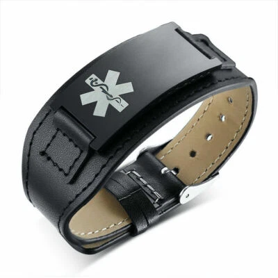 Brazalete Brazalete Brazalete Cuero Genuino Alerta Médica Identificación Hombres Grabado Personalizado Foto 1 de 4