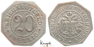 Staatliche Notmünzen, Schwarzburg-Sondershausen, 20 Pfennig o.J., Jaeger N8,f.vz - Picture 1 of 1