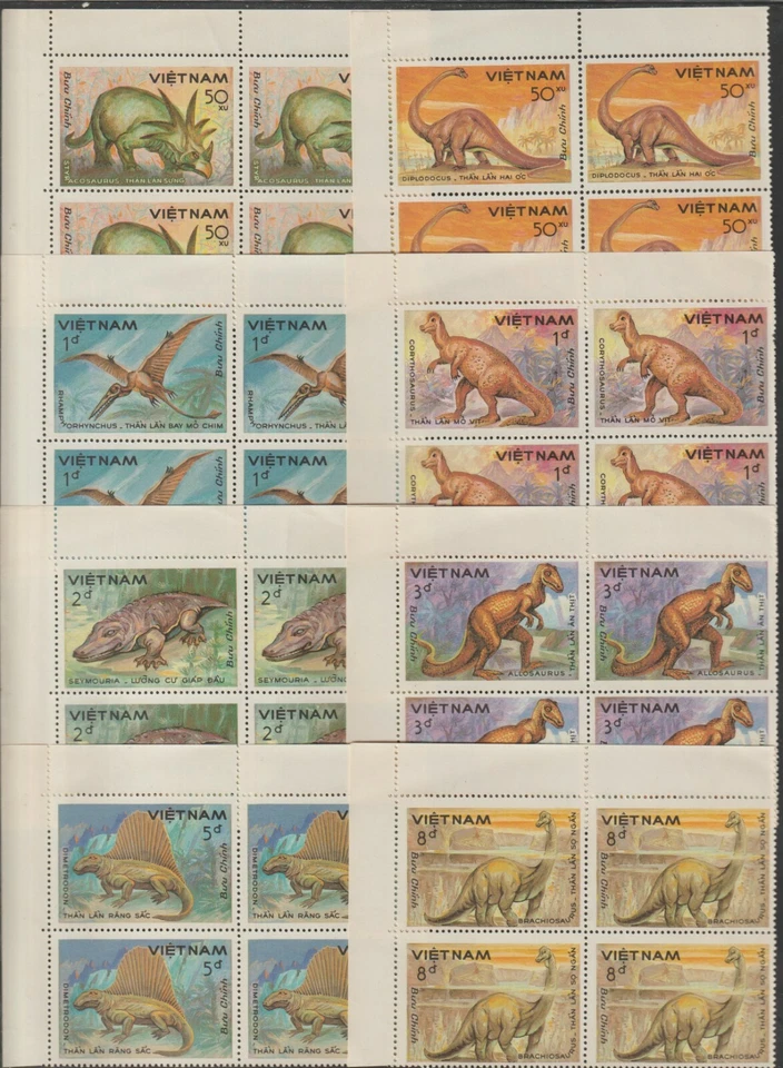 Estampillas de Vietnam 1984 bloque 4 de dinosaurios Scott # 1428-1435 MNH Foto 1 de 1