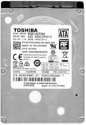 Disk Toshiba MQ01ACF050 500GB SATA III 7200U/Min 16MB 6Gbps 2.5'' Pollici - Immagine 1 di 3