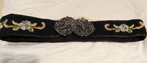 Handmade Needlepoint 2.5in wide Belt Black/Multi 34.5in. long with Ornate Buckle