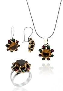 Triple Jewelry Set Made of 925 Sterling Silver, Necklace, Earrings, Ring - Picture 1 of 5
