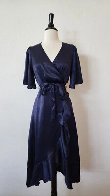 Anthropologie Midi Dress New Size Small XS Satin Navy Blue Faux Wrap Granny Boho - Image 1 of 4