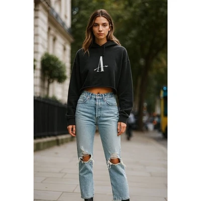 Sudadera con capucha recortada de algodón negra ALLSAINTS para mujer talla grande Foto 1 de 4