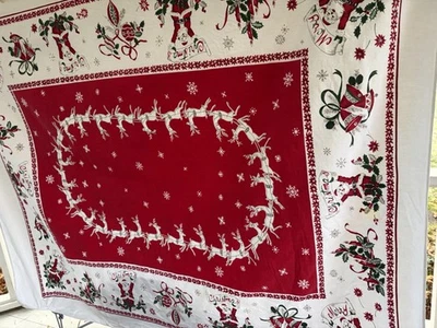 RARE Vtg CHRISTMAS Tablecloth SANTA White Reindeer BELLS Shiny Brites SNOWFLAKES - Image 1 of 4