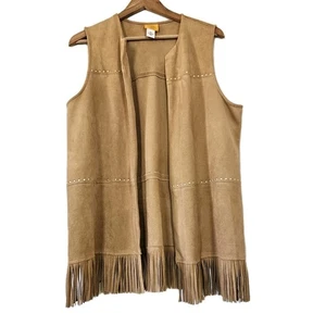 Vtg Faux Suede Fringe Vest Womens PM Beige Retro Western Cowgirl Rodeo Boho - Picture 1 of 9
