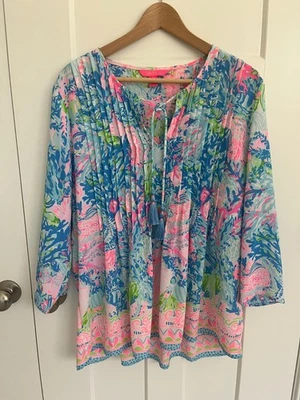 Туника Lilly Pulitzer Marilina стильный топ женский размер L кисточки с богемным принтом - Изображение 1 из 4