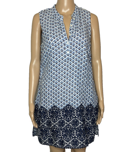 Abito donna medio Tory Burch blu navy floreale 100% lino bottoni senza maniche
