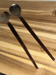Vintage MCM Teak Wooden Handle Salad Server Set JAPAN Stainless Steel 13” - Picture 1 of 3