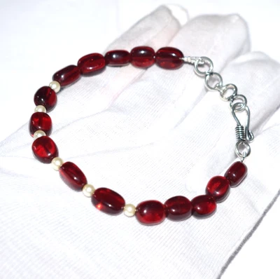 Round Oval Gemstone Pearl Ruby Hydro Gemstone Sterling Silver 9" String Bracelet - Image 1 of 4