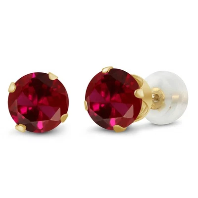 10K Yellow Gold Red Created Ruby Stud Earrings For Women (2.00 Cttw, Round 6MM) - Image 1 of 3
