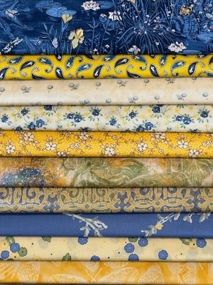 Lote de tela para acolchar - 10 cuartos de grasa, amarillos azules + 1 GRATIS = 11 FQ! Foto 1 de 4