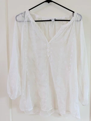 Old Navy M 波西米亚棉花糖白色刺绣上衣透明农民 Cottagecore — 第 1/4 张图片