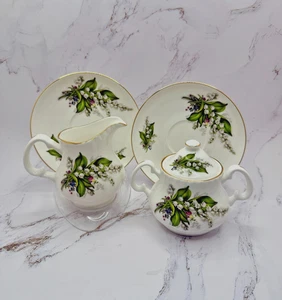 Adderley Lily Of The Valley set of 4: Sugar bowl, creamer, 2 saucer/bread plates - Picture 1 of 20