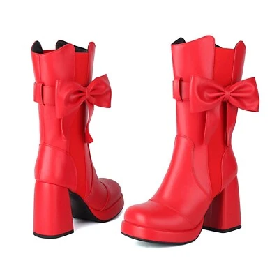 Nuevas botas elegantes de invierno para mujer con lazo dulce tacón alto grueso talla 40-48 longitud media Foto 1 de 4