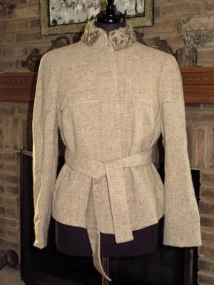 Jaqueta blazer designer AKRIS lã tweed com cinto com colarinho de pele 12 - Imagem 1 de 4