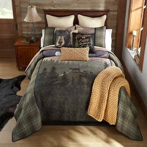 Donna Sharp Mountain Moon Quilted Plaid King 4-Piece Set Lodge Cabin Bear Green - Picture 1 of 7