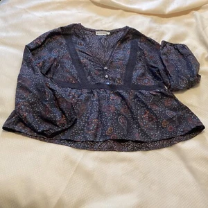 Lucky Brand Women’s Paisley Printed Lace Insert Babydoll Gray L/Sleeve Top Sz S - Picture 1 of 11