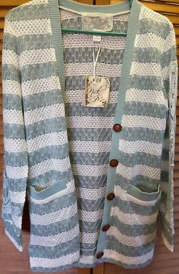 NICK & MO ANTHROPOLOGIE SUÉTER CÁRDIGAN VERDE SALVIA Y BLANCO, MUJER S, ETIQUETAS NUEVAS Foto 1 de 4