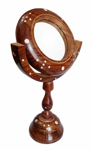 Brass Vintage Hand Carved Wooden Table Top Round Makeup Mirror with Stand Cover