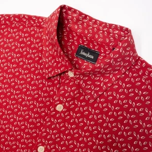 Neiman Marcus Geometric Silk Shirt Men's Medium Button-Up Designer Preppy Red - Picture 1 of 10
